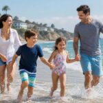 Family with two children running and holding hands along a sunny beach shoreline, smiling and playing in the surf