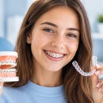 Young girl with braces smiling, sitting in a dental office. In her right hand she is holding a model of teeth with traditional braces and in her left hand is a clear aligner.