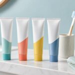 Four colorful toothpaste tubes arranged on a clean bathroom counter beside a toothbrush, cup, and glass of water in a bright, modern setting.