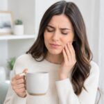 Woman holding a mug and gently touching her cheek with a pained expression, suggesting tooth sensitivity or toothache in a bright home setting.